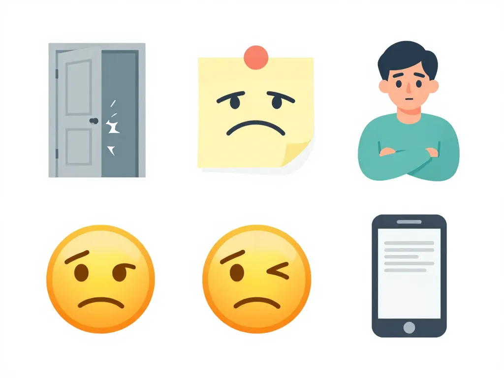 Illustration showing five common passive-aggressive roommate behaviors: slamming doors, sarcastic notes, silent treatment, eye-rolling, and vague social media posts