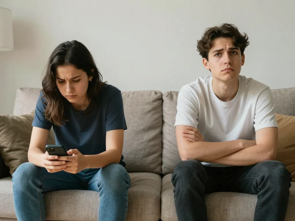 Two roommates sitting on opposite ends of a couch looking tense and distant, illustrating the emotional toll of passive-aggressive conflict