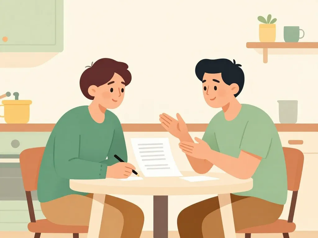 Illustration of two roommates sitting at a table creating a roommate agreement together, conveying cooperation and clear communication