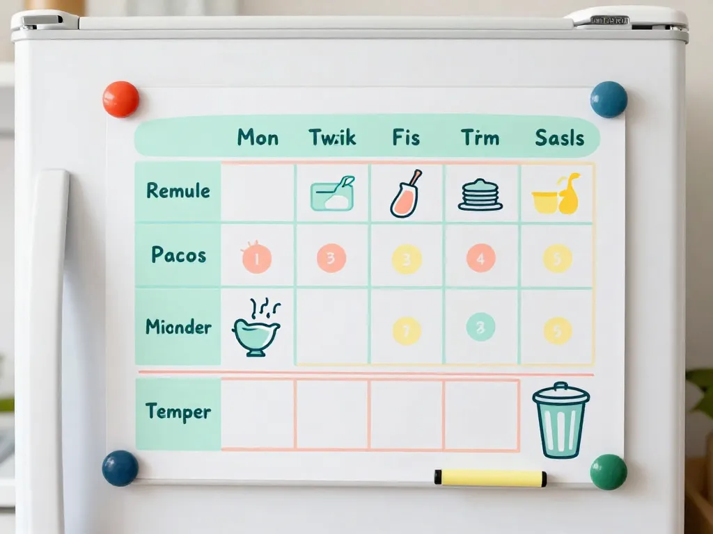 Illustration of a weekly chore chart on a refrigerator whiteboard showing rotating roommate cleaning responsibilities