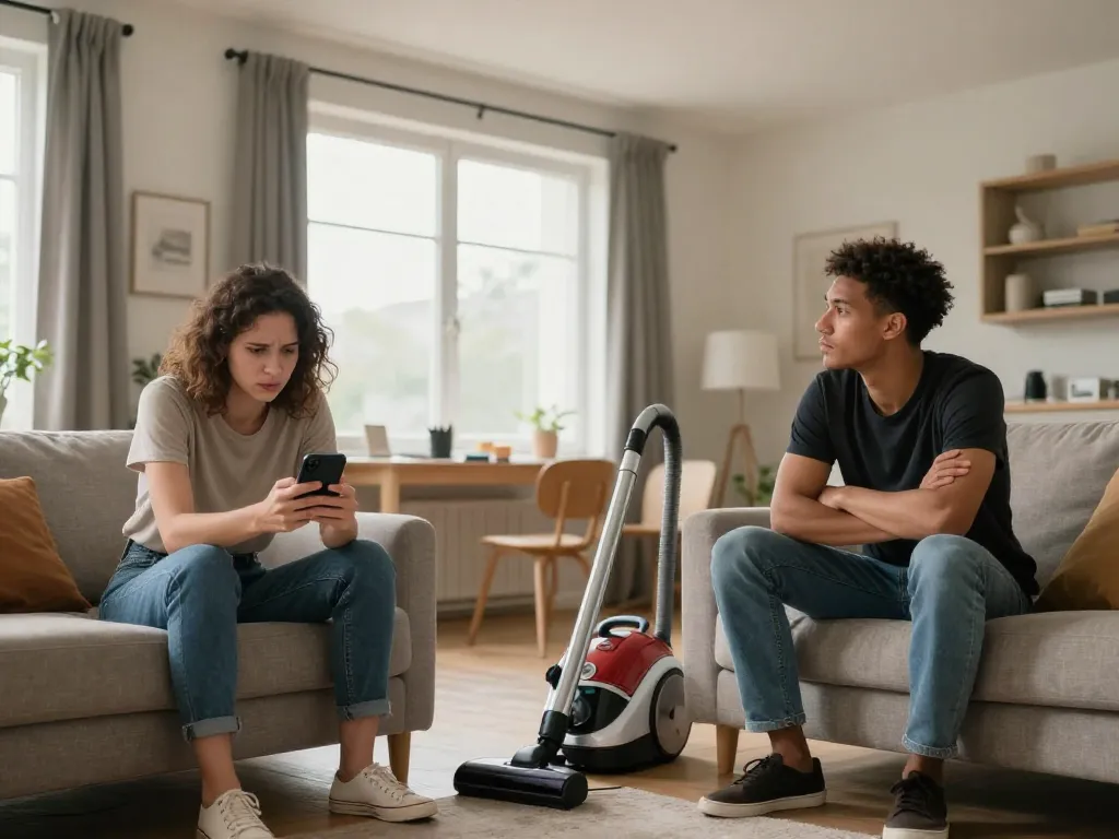 Two roommates sitting on opposite ends of a couch with tense body language, an unused vacuum cleaner between them, showing unresolved cleaning conflict