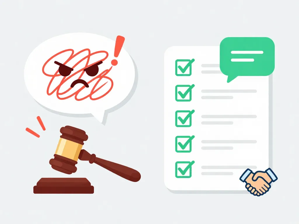Split illustration comparing a moral judgment mindset with angry symbols on the left versus a calm problem-solving checklist approach on the right