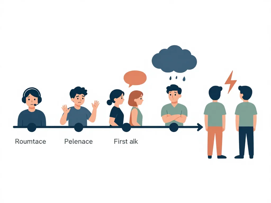 Illustration showing five stages of roommate noise conflict escalation from silent tolerance to blowup