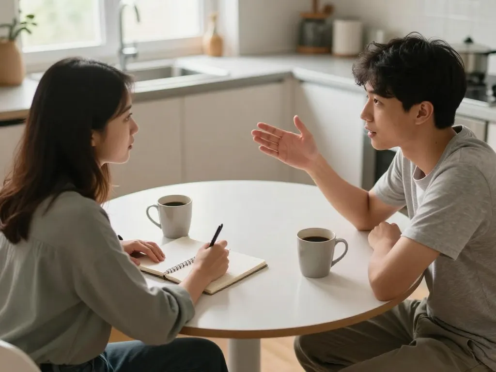 Two roommates sitting at a kitchen table having a calm conversation with a notebook for drafting an agreement