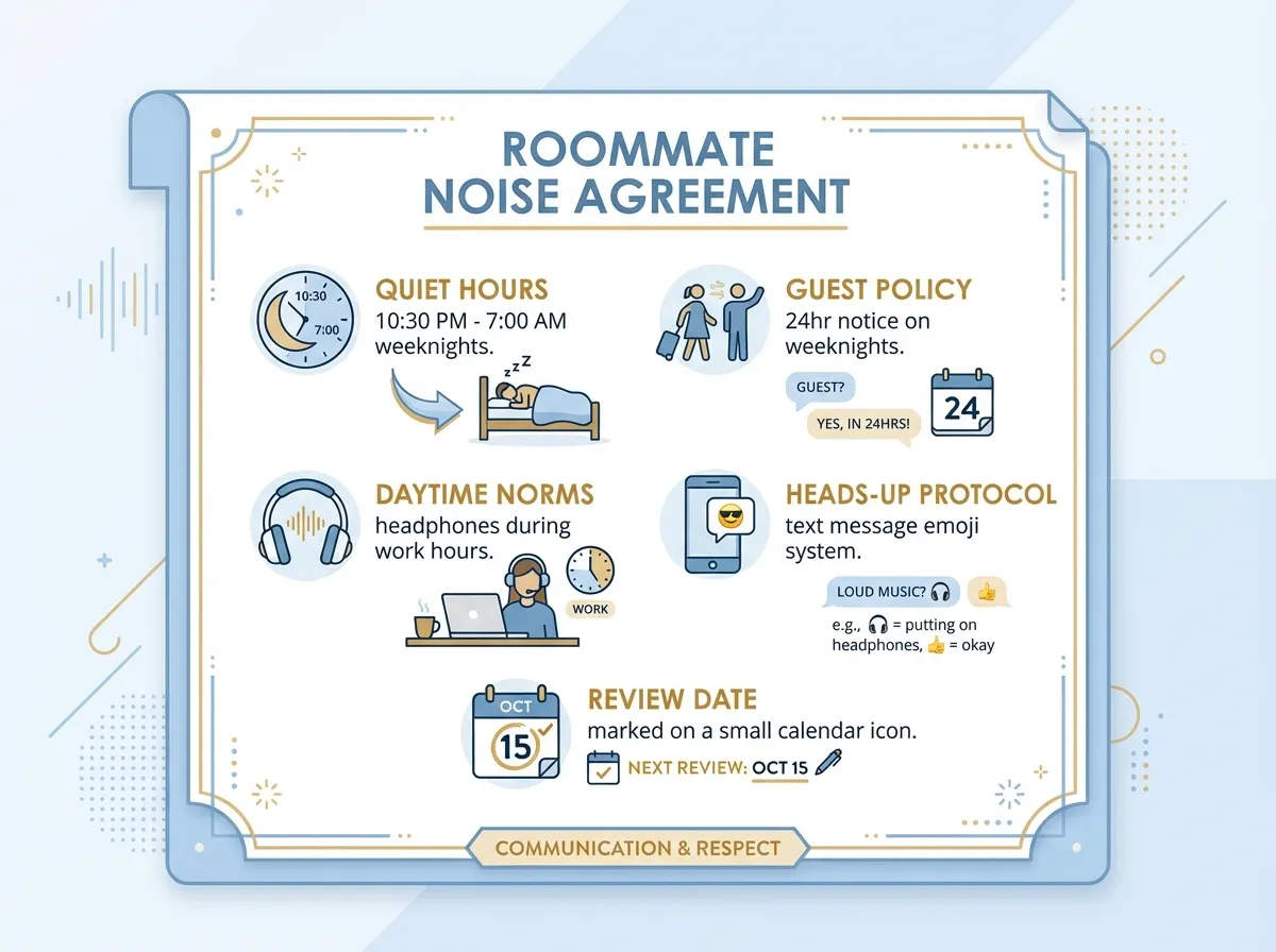 Infographic showing key sections of a roommate noise agreement including quiet hours, daytime norms, guest policy, and review dates