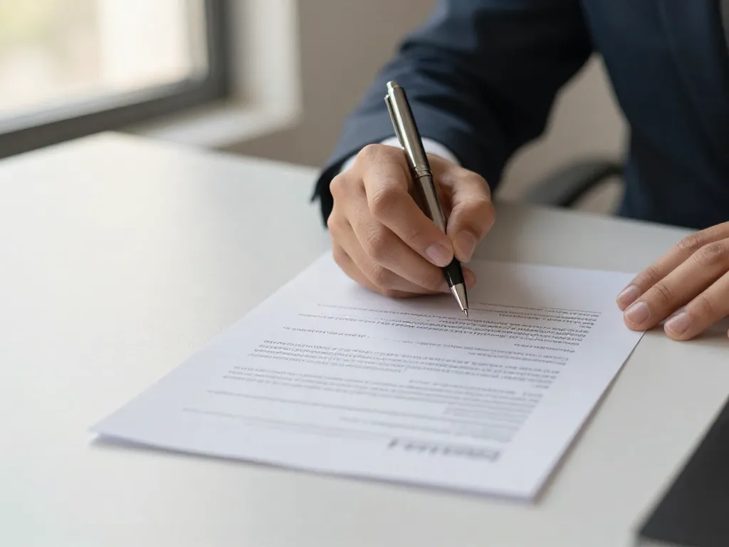 Close-up of a cofounder signing an IP assignment agreement at a desk