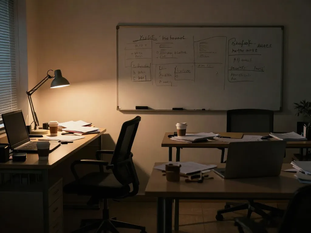 An empty startup office at night with two desks facing each other — one cluttered, one abandoned — symbolizing a deteriorating cofounder partnership