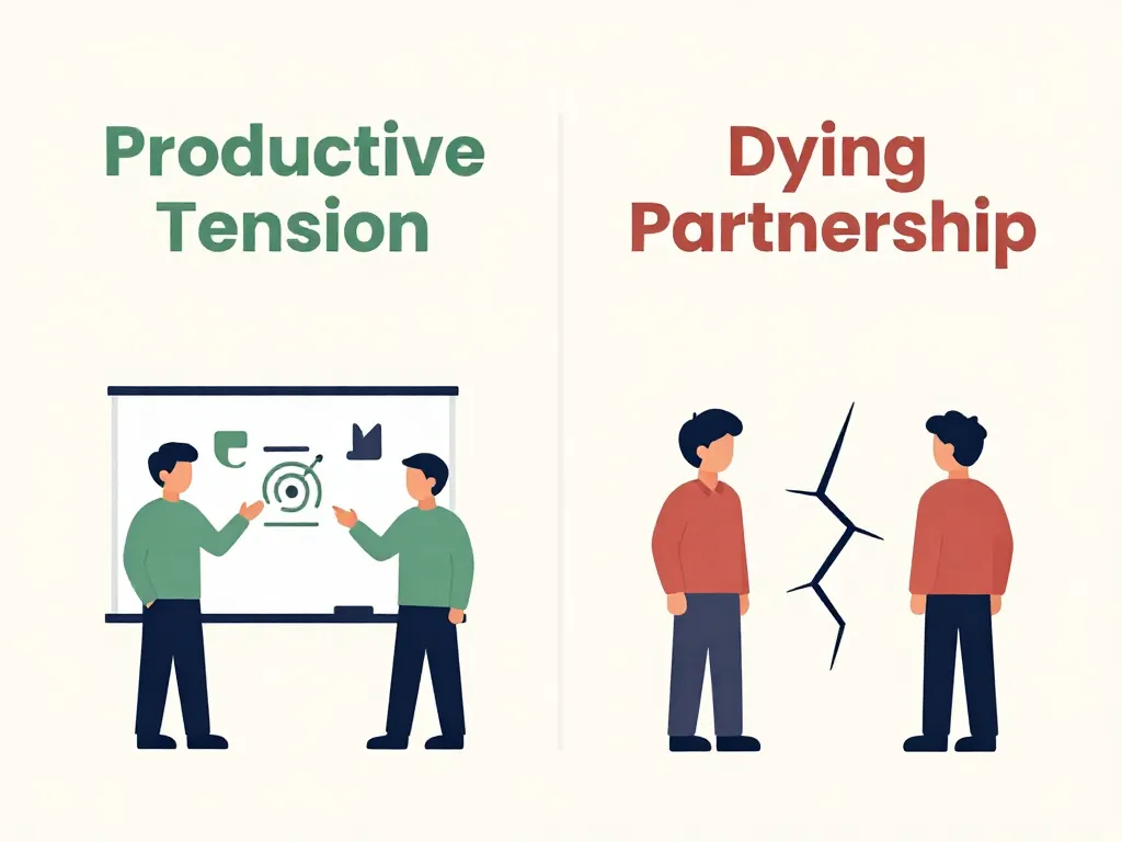 Side-by-side illustration comparing productive cofounder tension versus a dying partnership, showing collaboration versus growing distance