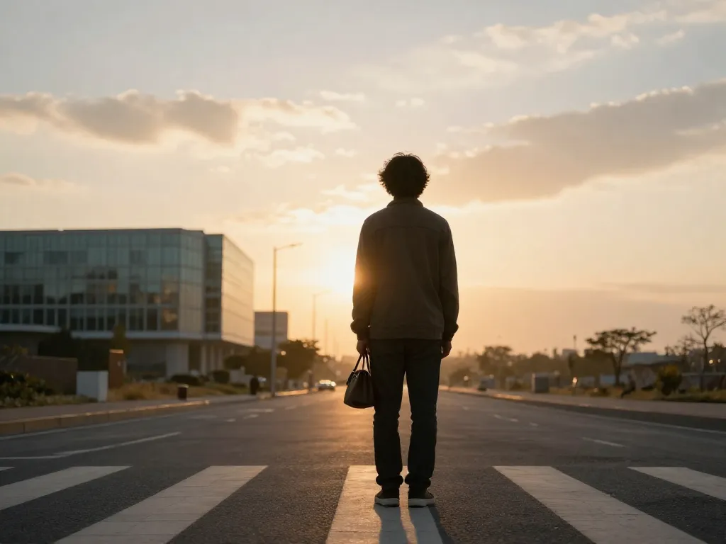 A founder standing at a crossroads at sunrise, looking forward with resolve after leaving a startup, representing the courage of walking away