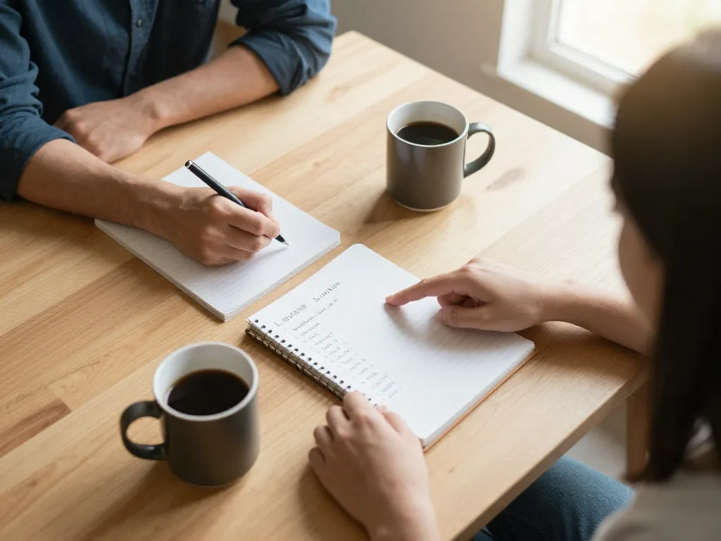 Overhead view of a couple collaboratively making a household task list together at their dining table