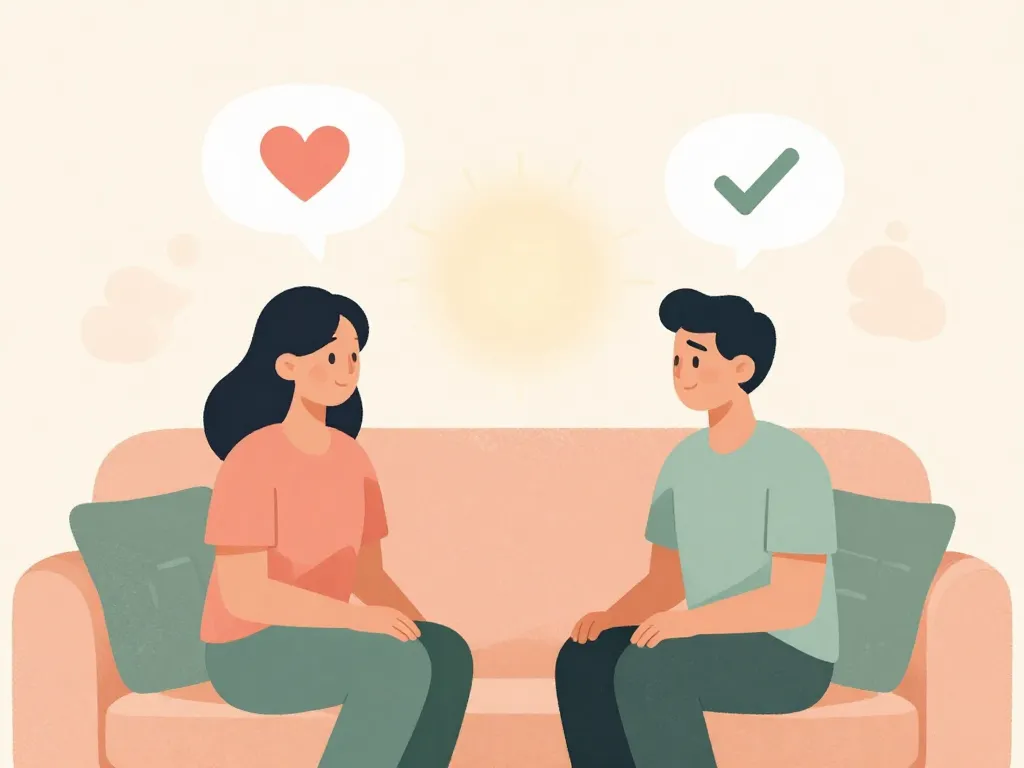 Illustration of a couple having a calm, empathetic conversation on a couch with speech bubbles showing care and agreement