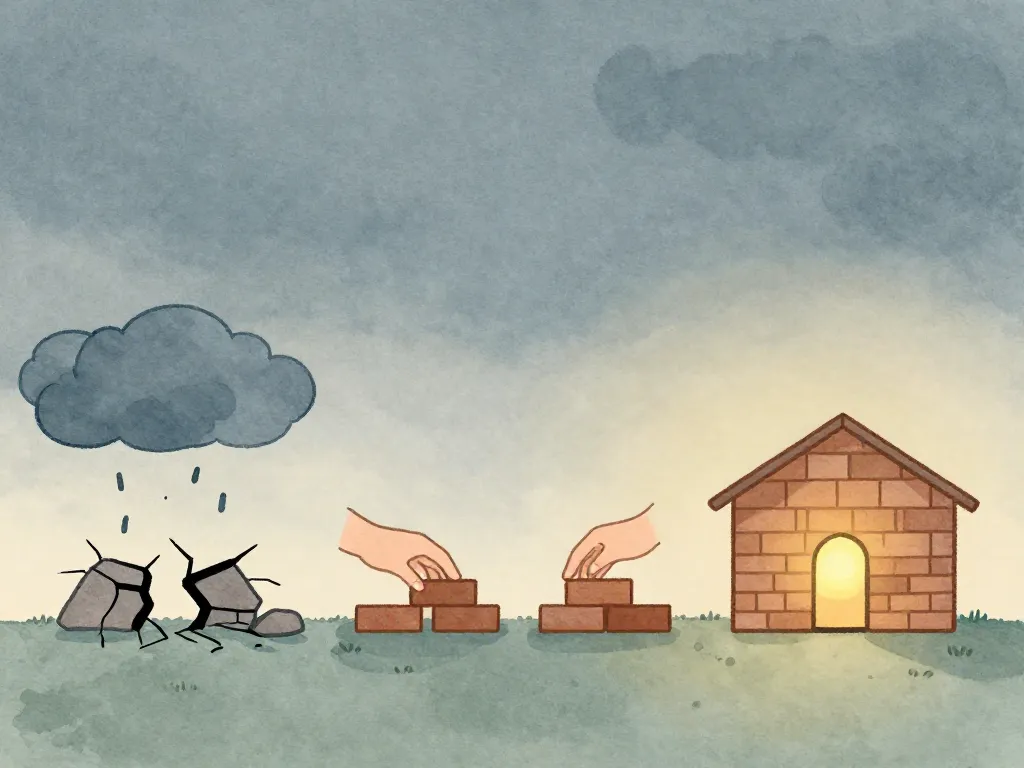 Illustration showing the gradual process of rebuilding trust depicted as laying bricks from a cracked foundation to a small sturdy structure