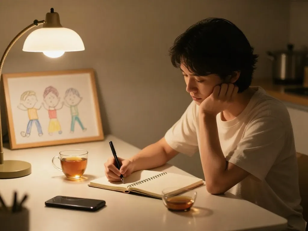 A parent sitting at a kitchen table writing reflectively in a notebook with warm evening lighting