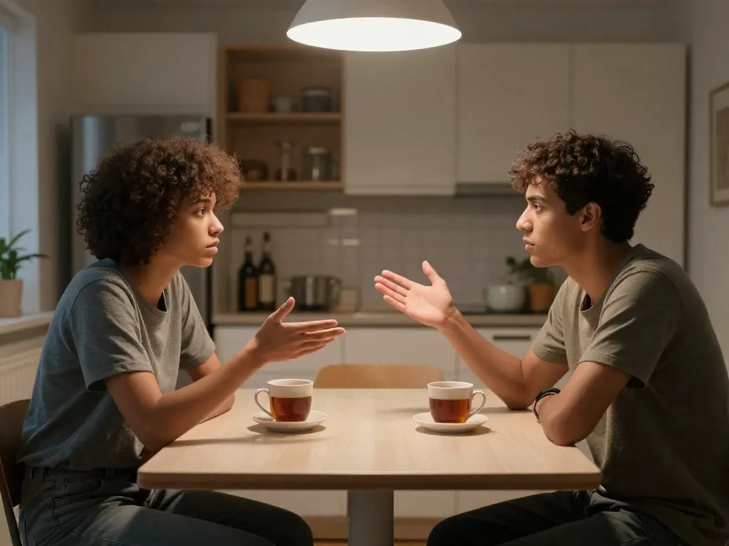 Two roommates having a calm, honest conversation at their kitchen table with coffee mugs, working through a conflict