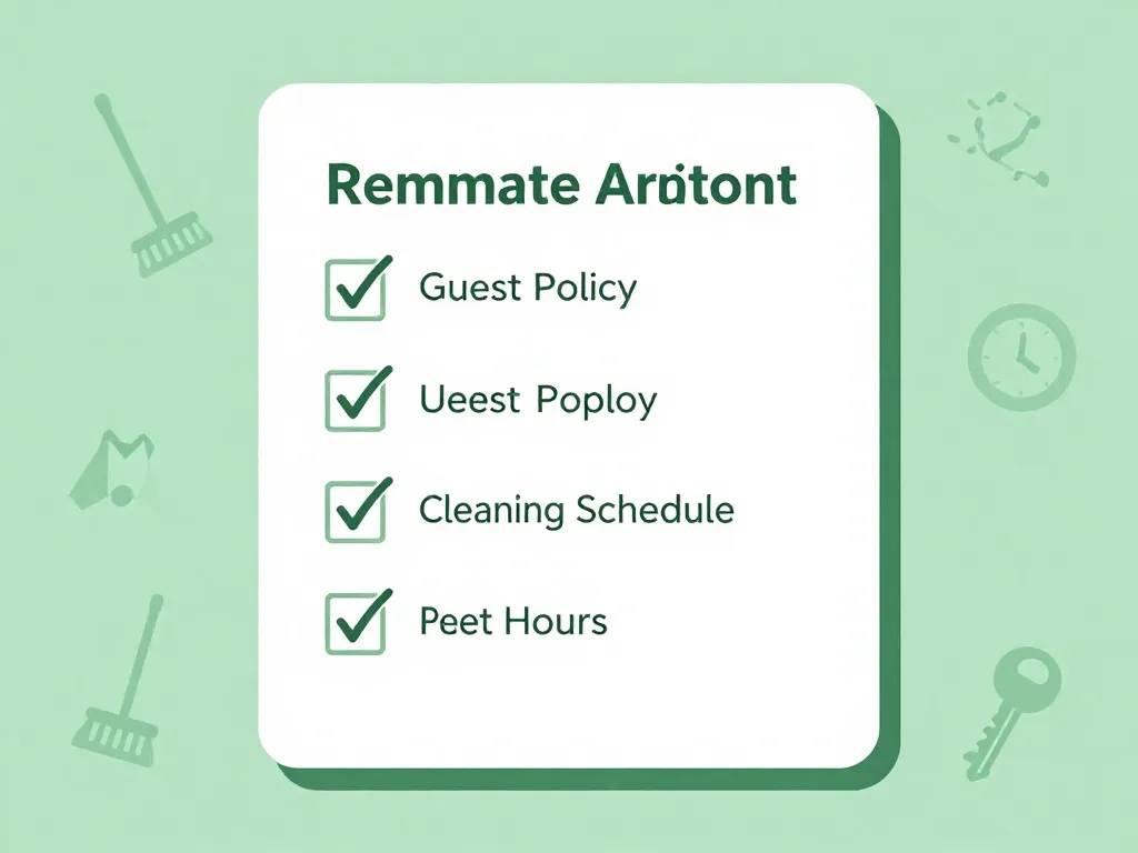 Illustration of a roommate agreement checklist with icons representing guest policies, cleaning schedules, and shared responsibilities