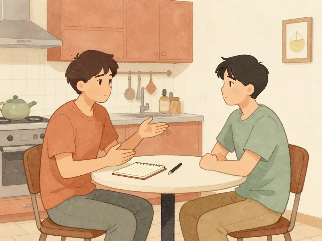 Illustration of two roommates having an honest, calm conversation across a kitchen table with a notebook between them