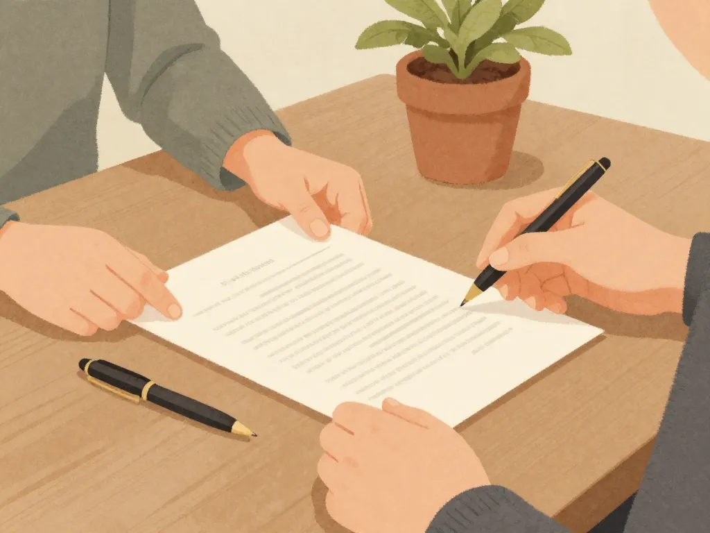 Illustration of two roommates reviewing a written roommate agreement on a shared table with a pen and potted plant nearby
