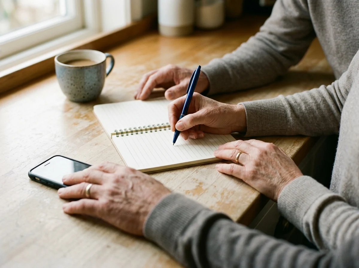 Two people's hands at a kitchen counter with a notebook, pen and a phone face down