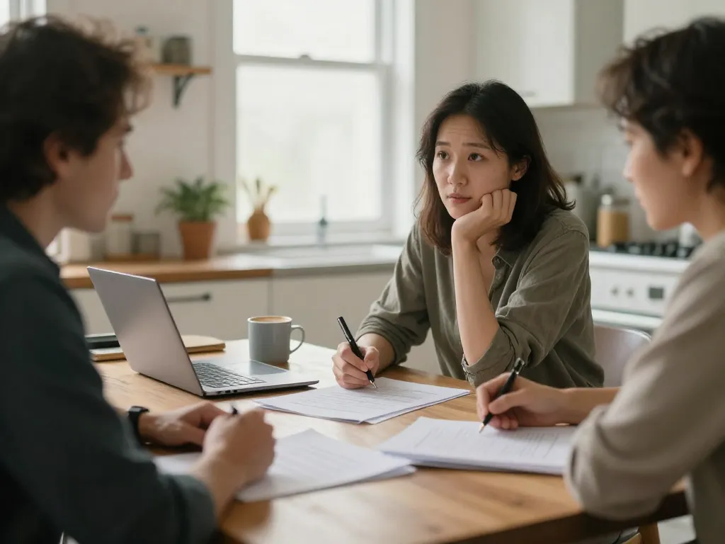 Two co-parents sitting at a kitchen table collaboratively reviewing a parenting plan with papers and a laptop