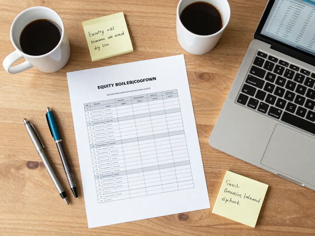 Overhead view of a desk with equity documents, spreadsheets, and notes representing the process of formalizing a new cofounder equity agreement