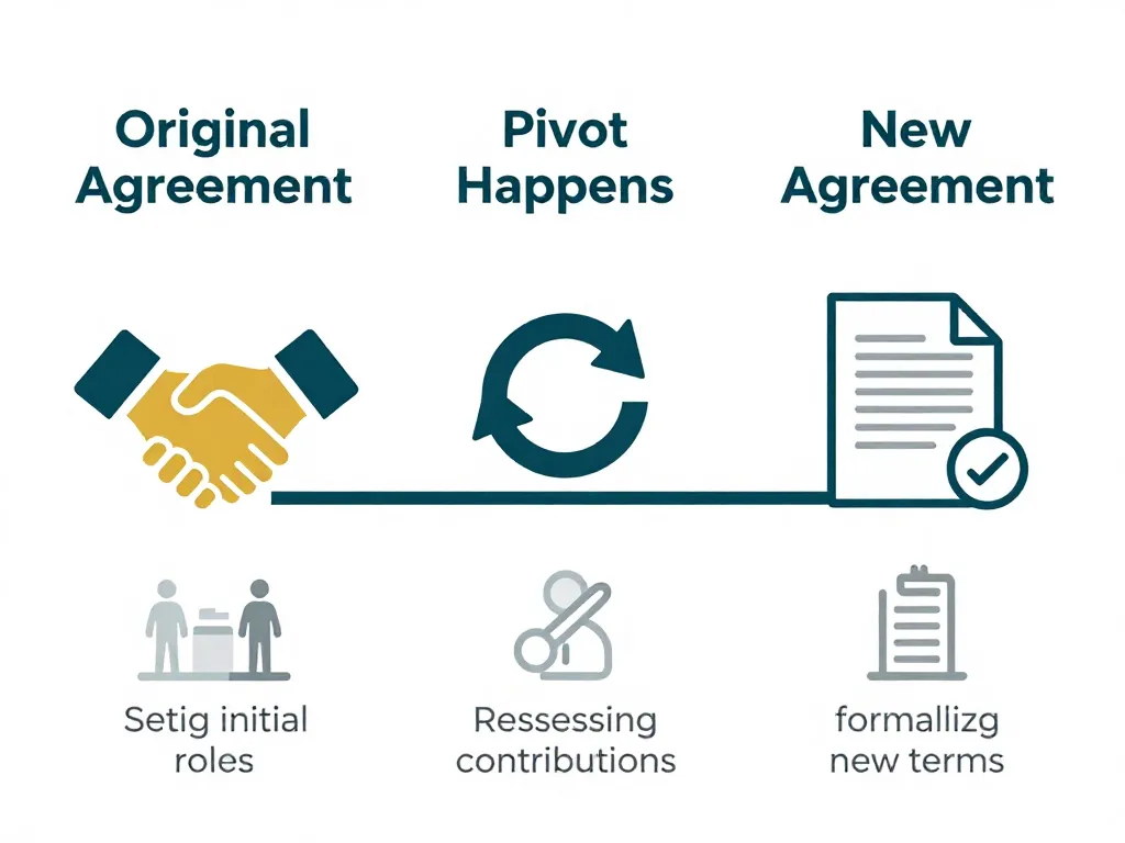 Timeline illustration showing three stages of equity renegotiation: original agreement, pivot event, and new formalized agreement