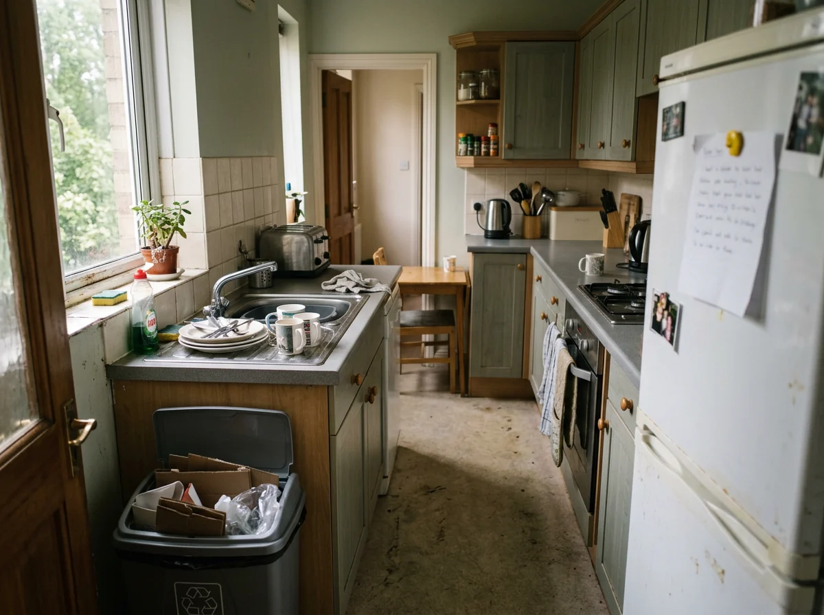 A shared flat kitchen with dishes by the sink and a full recycling bin by the door