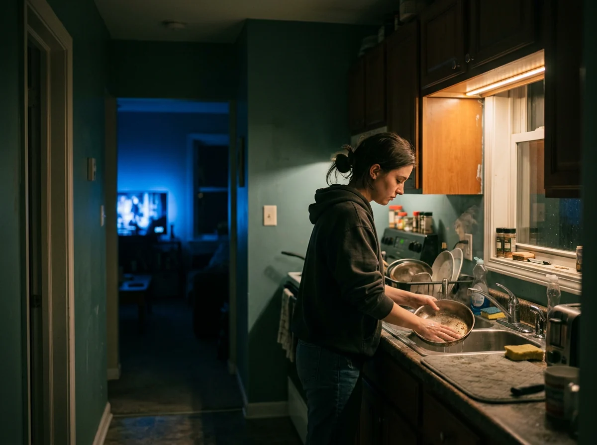One roommate washing up alone at night while light from a television glows in the next room