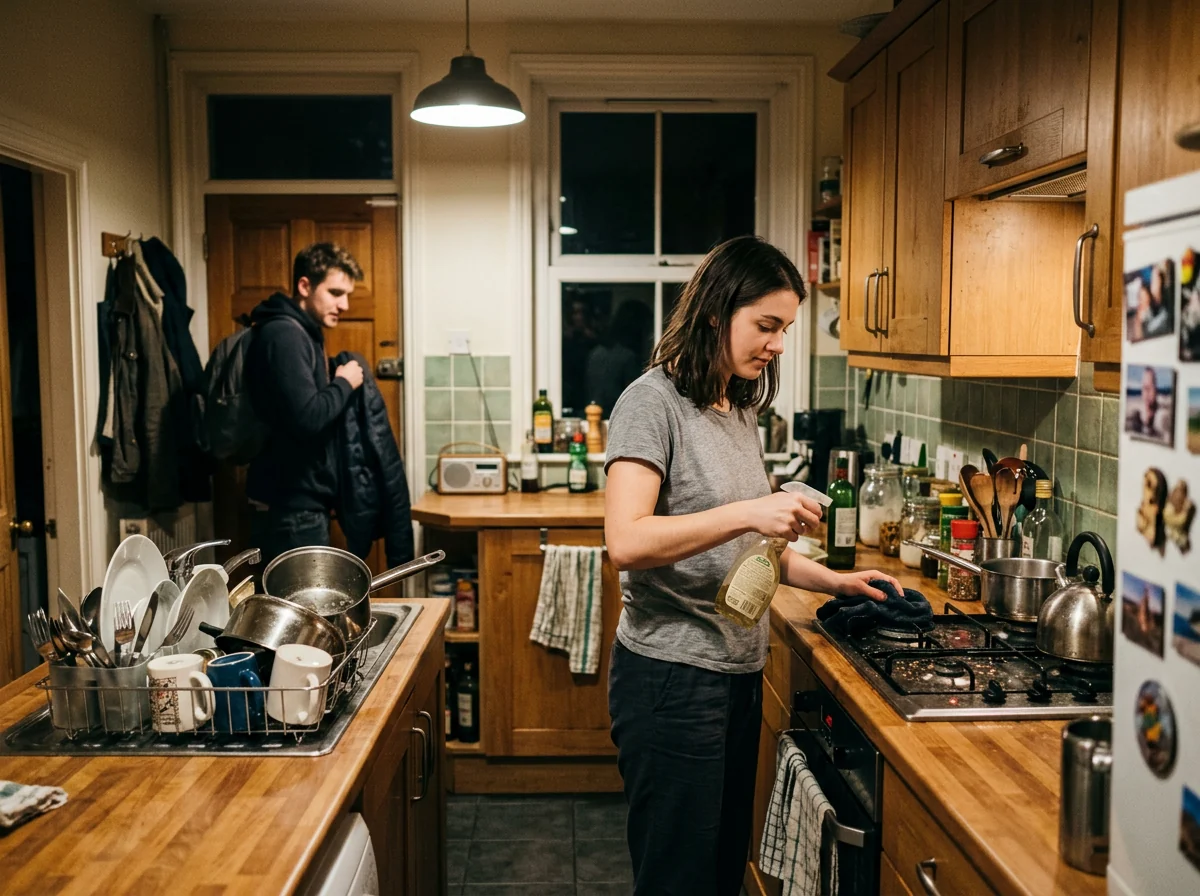One roommate wiping the stovetop in a shared kitchen while another leaves in the background