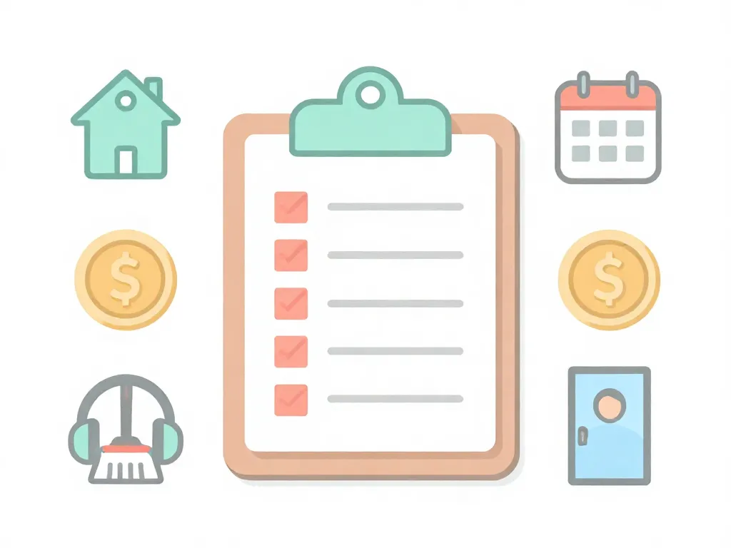 Illustration of a roommate agreement checklist surrounded by icons for finances, chores, noise, and guests