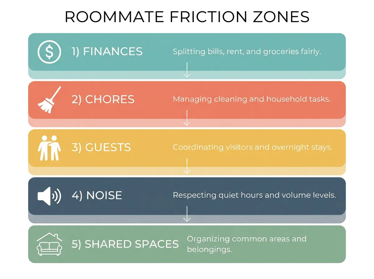 Infographic showing the five common roommate friction zones: finances, chores, guests, noise, and shared spaces