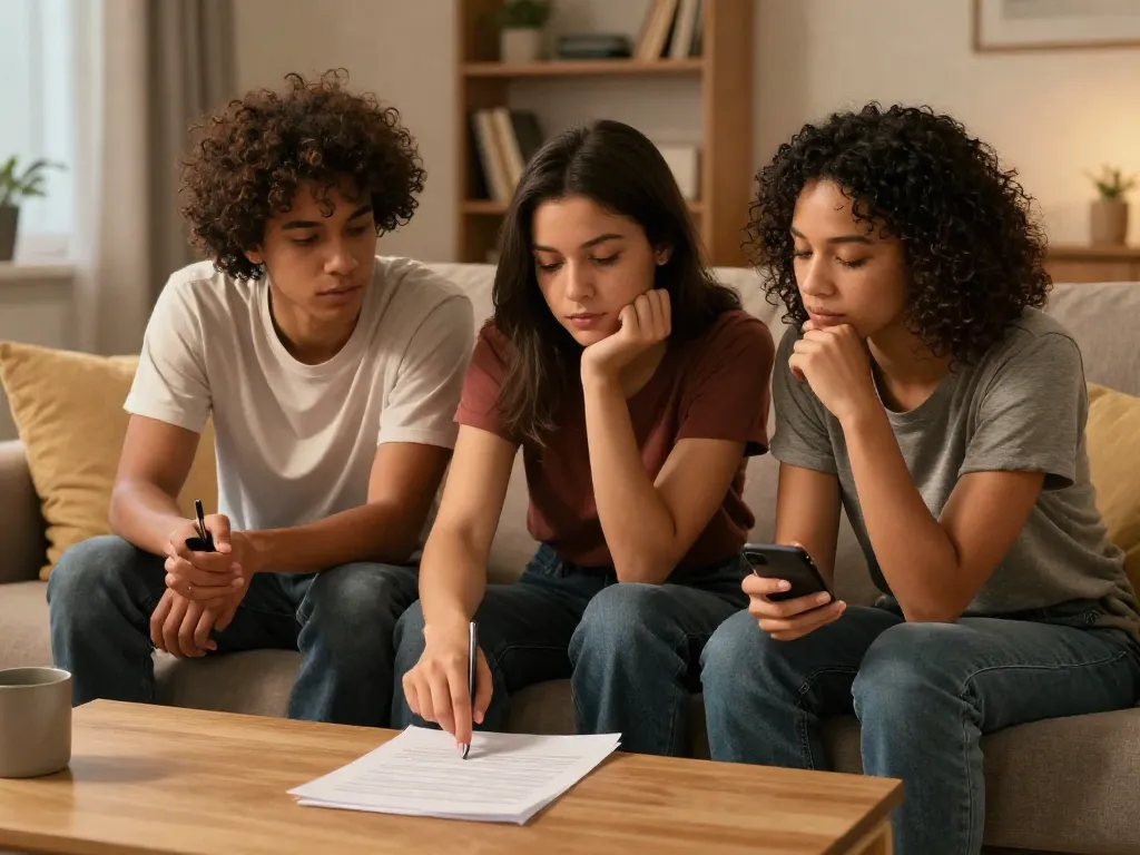 Three roommates reviewing and signing a printed roommate agreement together on a couch
