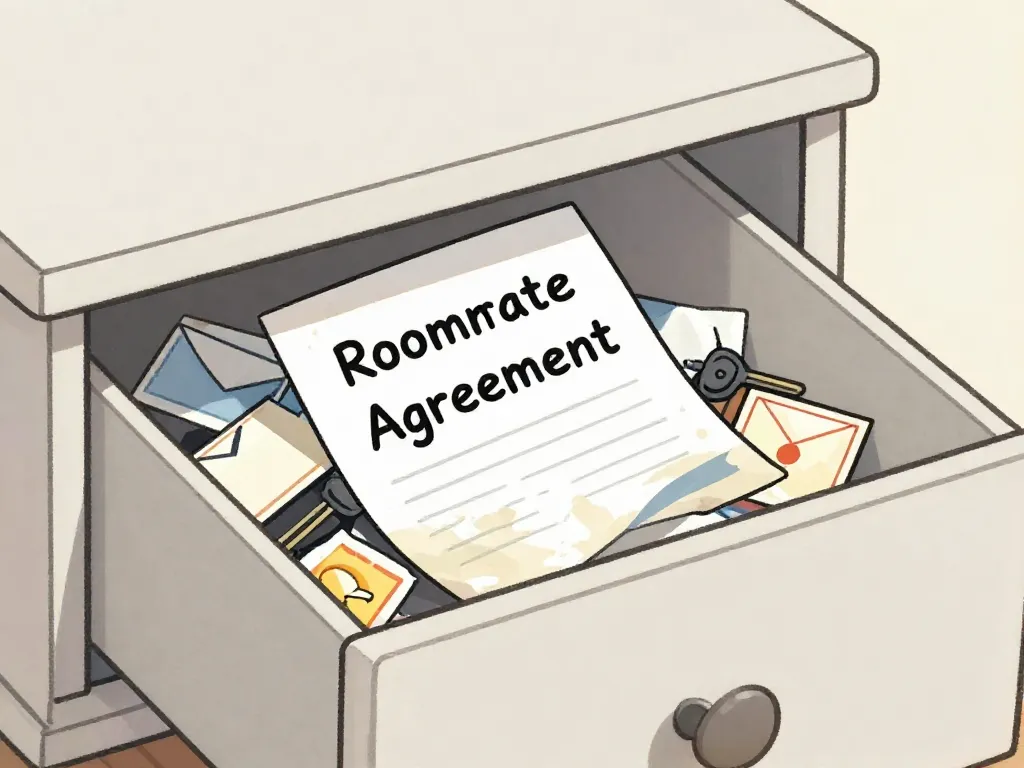 Illustration of a forgotten roommate agreement buried under clutter in a drawer