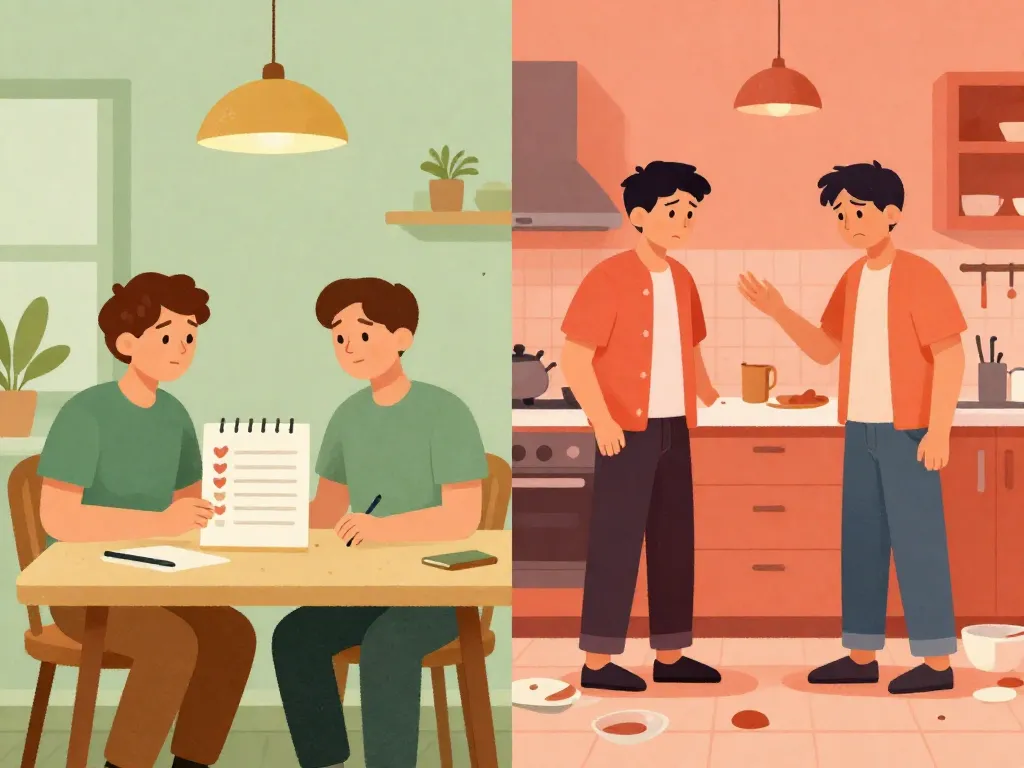 Split illustration comparing roommates with and without a clear agreement — one peaceful, one tense