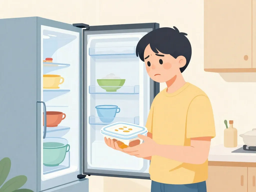 Illustration of a frustrated person holding an empty food container in front of an open shared apartment fridge