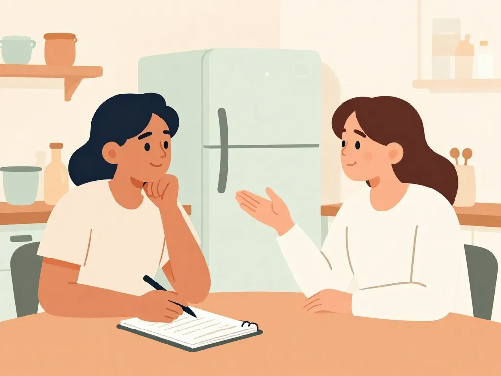 Illustration of two roommates having a calm conversation about fridge rules at their kitchen table