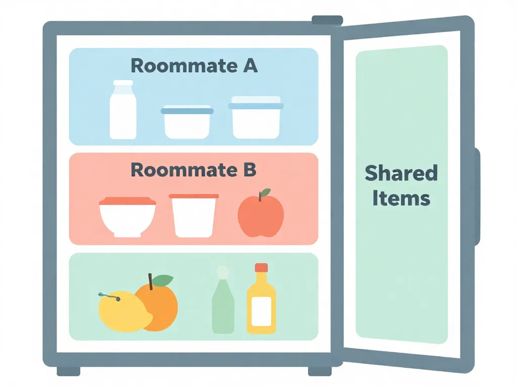 Illustrated diagram of a refrigerator organized with designated shelves for each roommate and a shared section