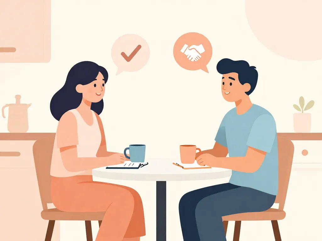 Illustration of two roommates having a friendly planning conversation at a kitchen table with notebooks