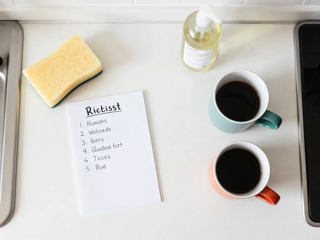 Overhead view of a tidy shared kitchen counter with a handwritten cleaning checklist, dish soap, and two coffee mugs