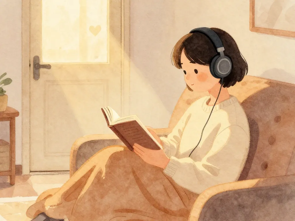Calming illustration of a person enjoying peaceful alone time in a living room with headphones and a book