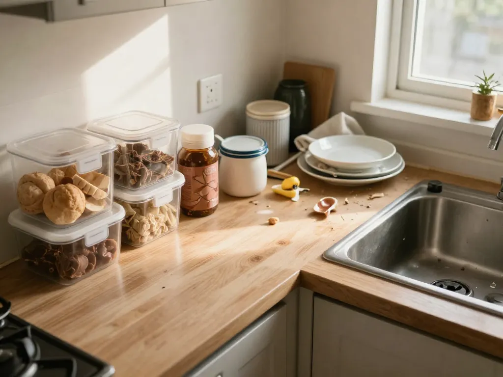 Shared kitchen counter showing contrasting organization styles between two roommates
