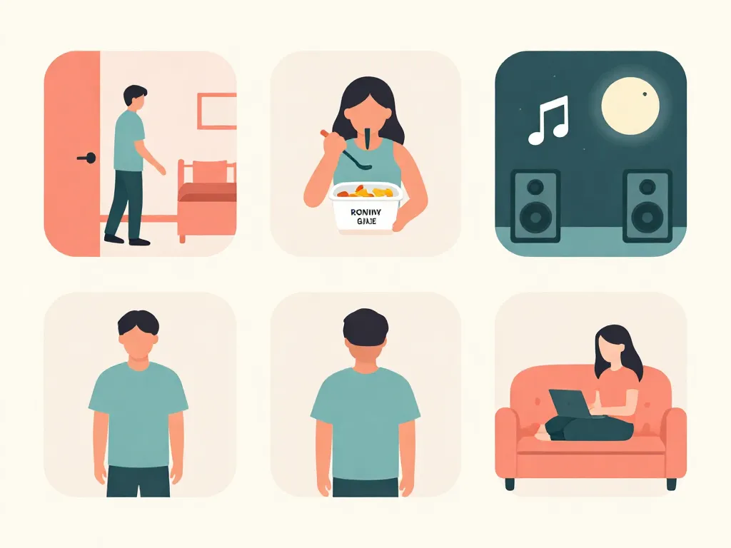 Illustrated icons depicting common roommate boundary violations including borrowing without asking, noise issues, and entering rooms without knocking