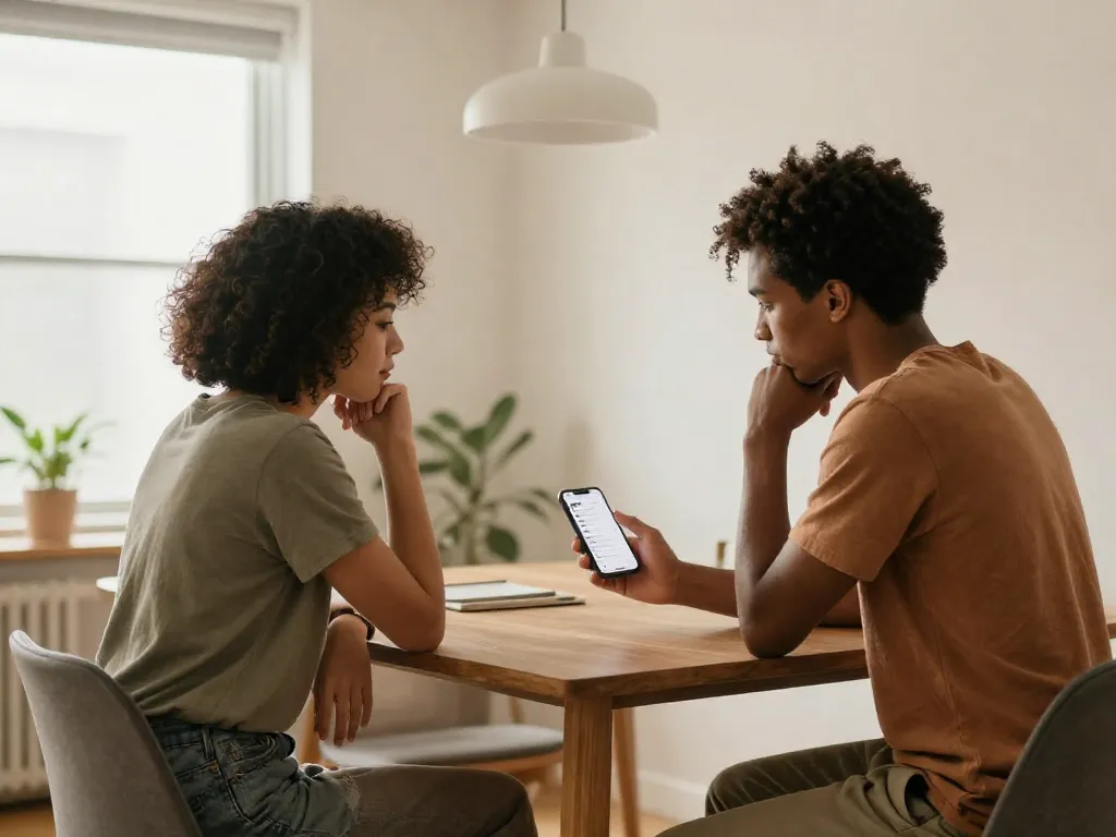 Two roommates sitting at a table collaboratively reviewing a shared roommate agreement on a phone