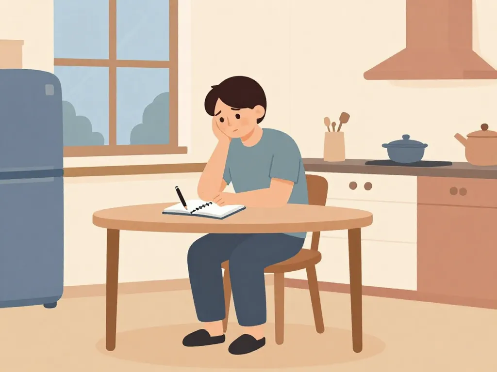 Illustration of a person sitting at a kitchen table journaling and reflecting before a roommate conversation