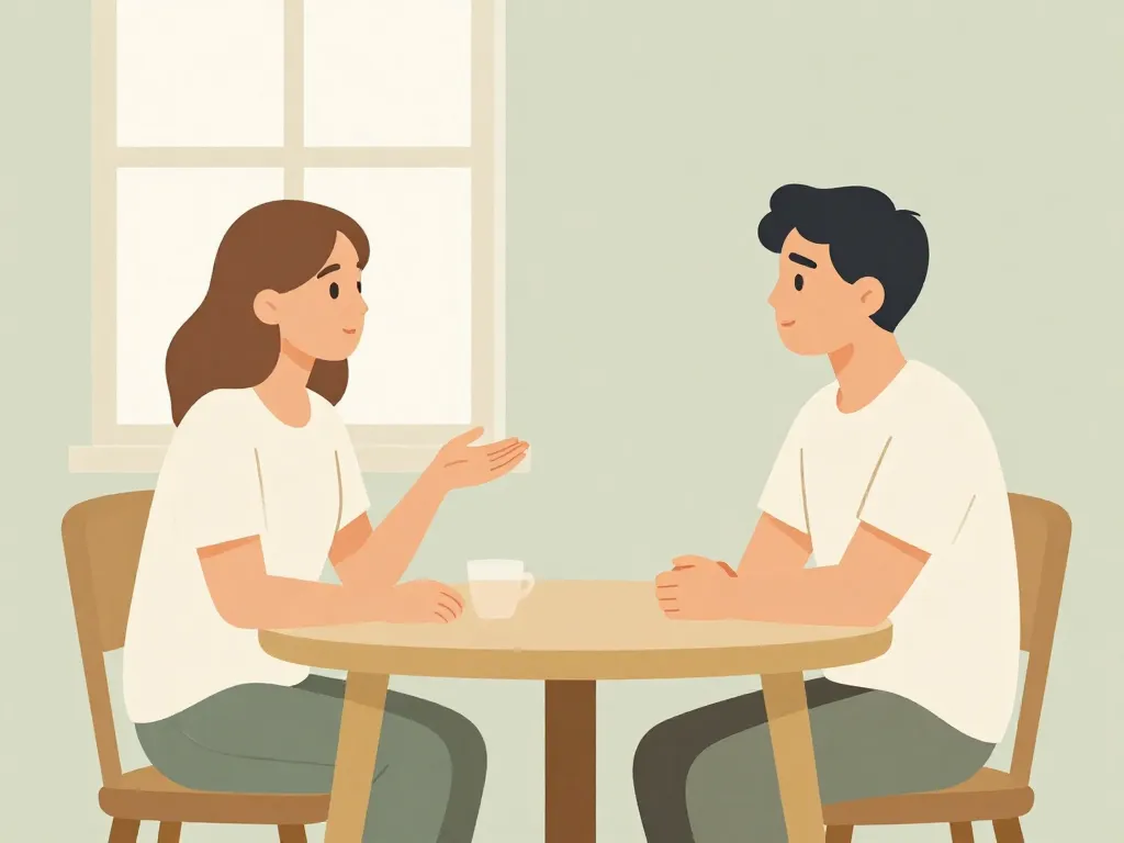 Illustration of two roommates having a calm, respectful conversation at their apartment table