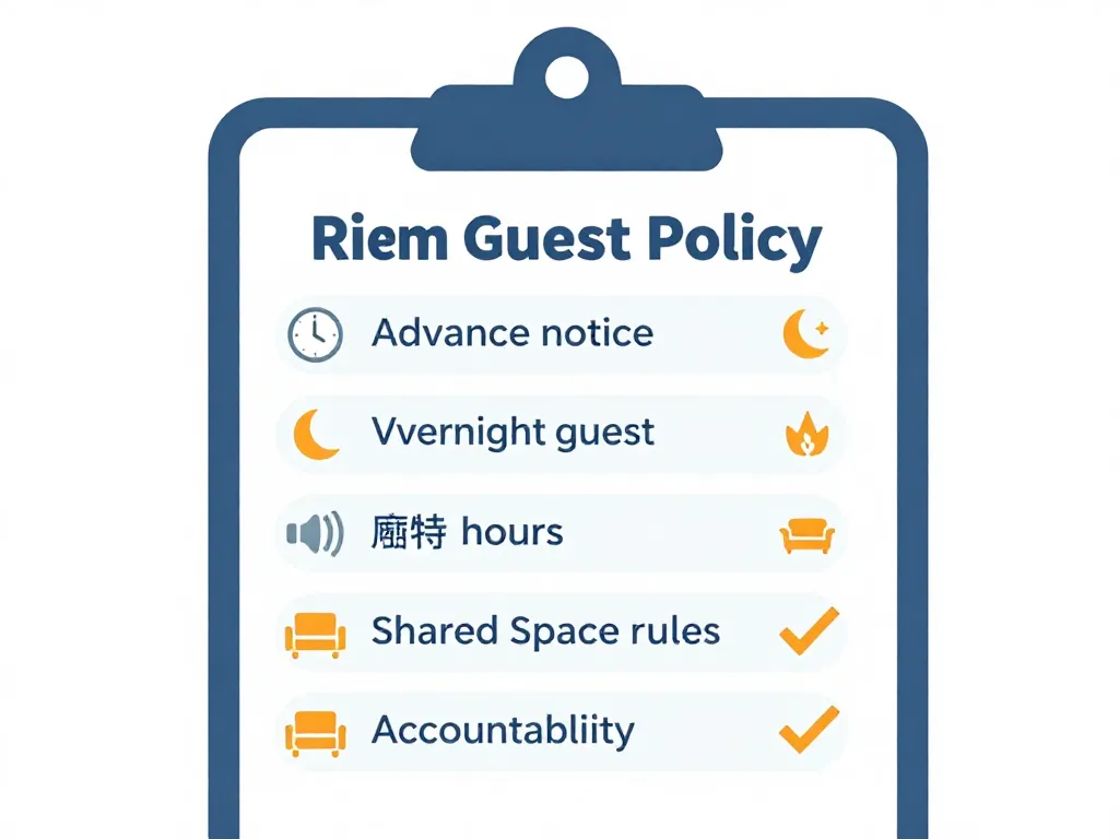 Illustrated checklist showing key elements of a roommate guest policy including notice, overnight limits, and quiet hours