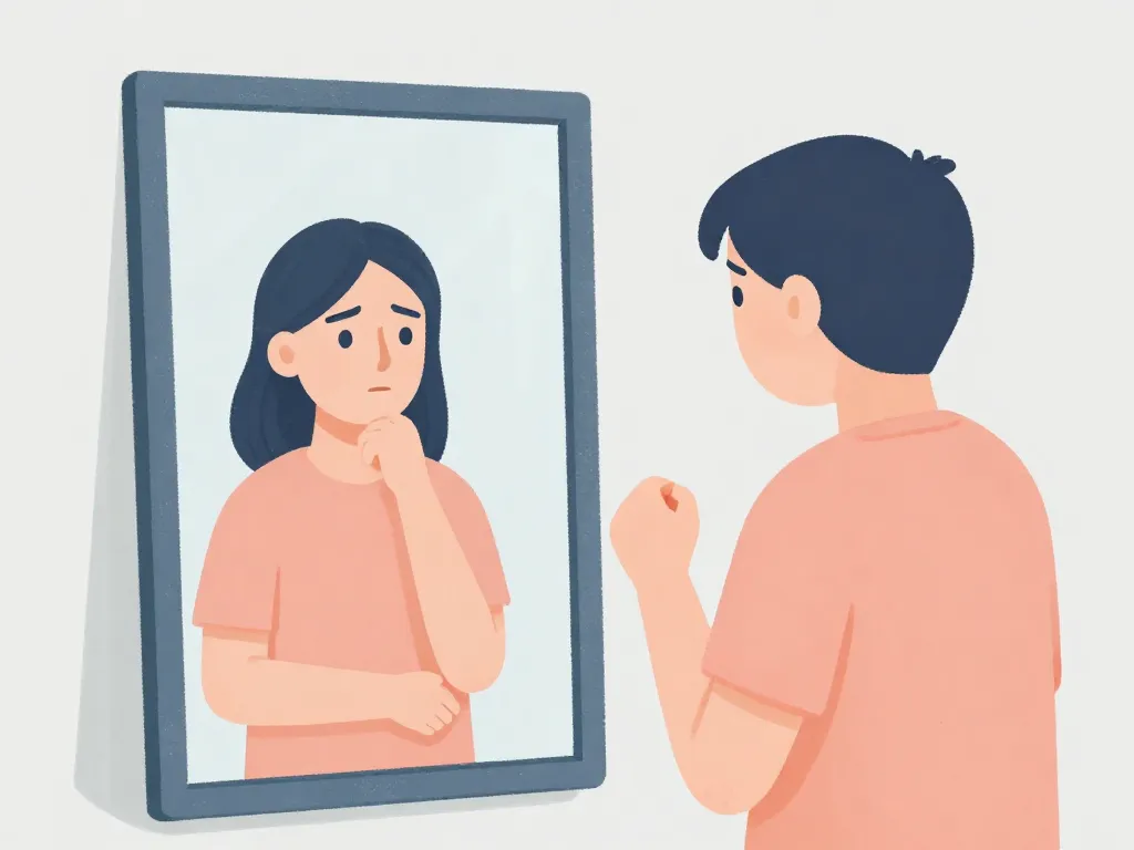 Illustration of a frustrated person looking into a mirror and seeing a calmer, more reflective version of themselves