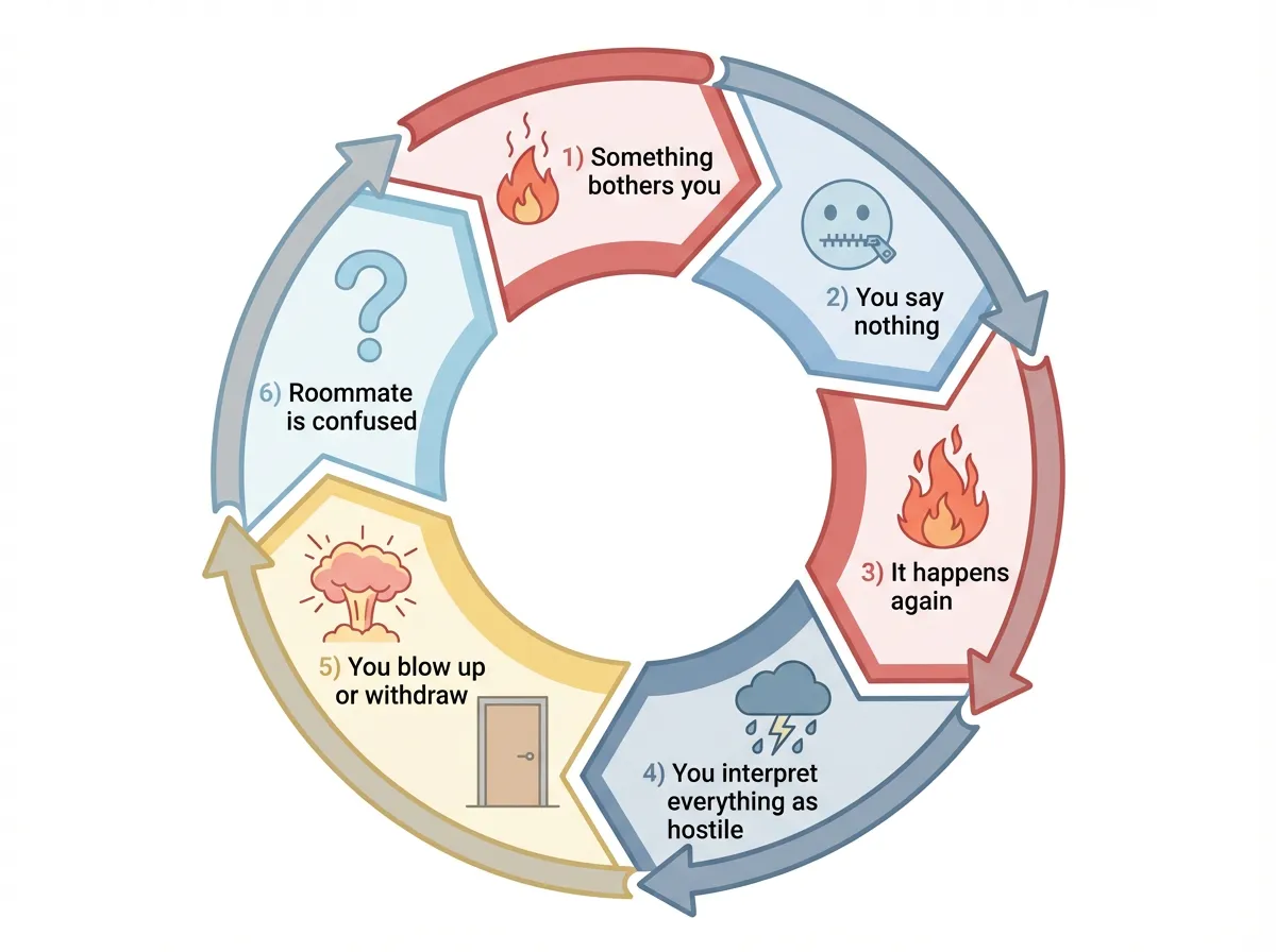 Infographic showing the six-step avoidance cycle in roommate conflicts, from initial annoyance to eventual blowup