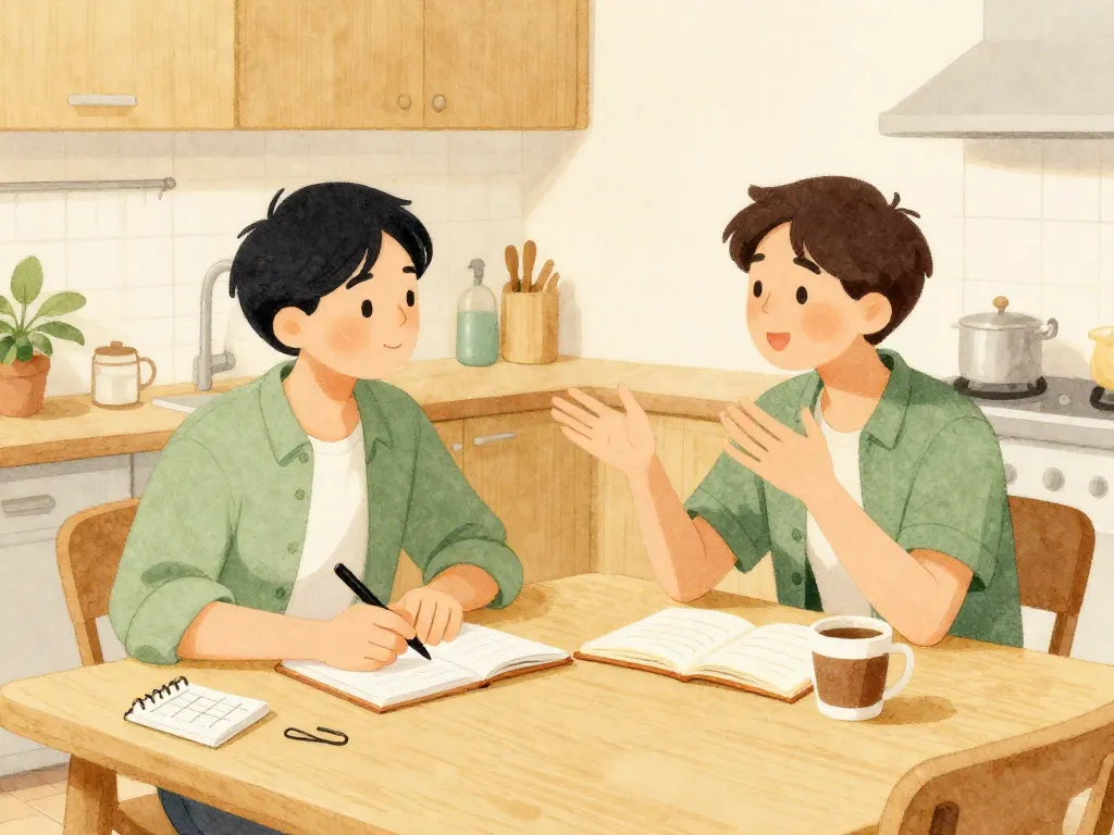 Illustration of two roommates having a calm, productive conversation at a kitchen table while writing down agreements