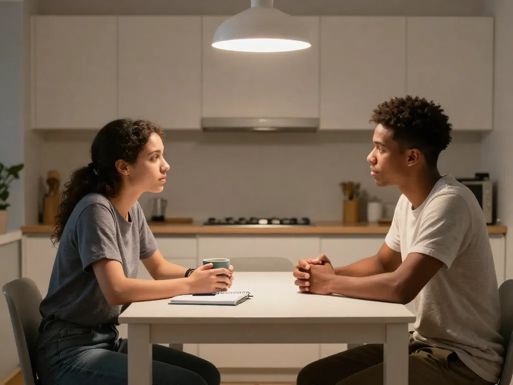 Two roommates having a calm, structured conversation at their kitchen table with a notebook between them