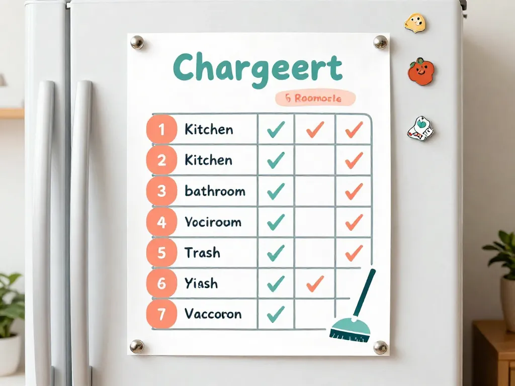A colorful roommate chore chart posted on a refrigerator showing a clear weekly task division